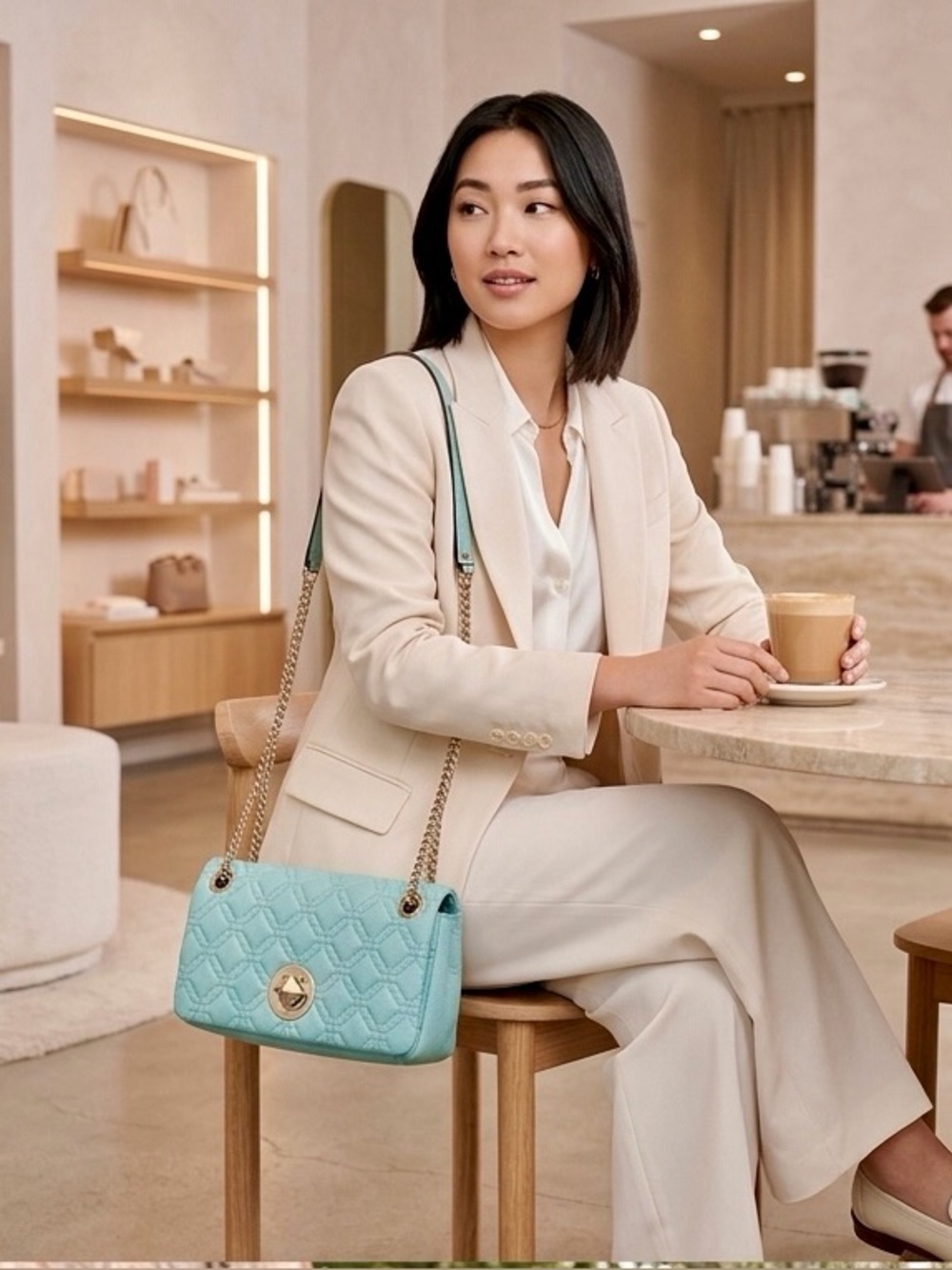 Kate Spade New York Quilted Leather Shoulder Bag – Light Aqua Geometric Flap